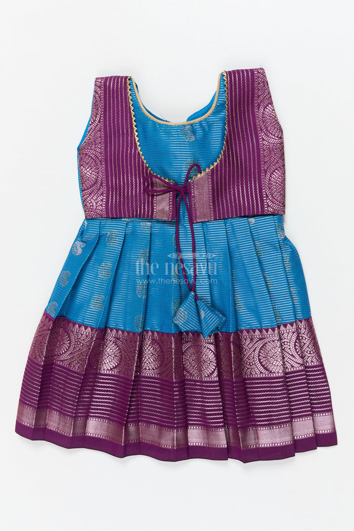 The Nesavu Girls Kanchi Silk Frock Baby Girl Silk Frock for Naming Ceremonies and Milestone Celebrations Nesavu 10 (NB) / Blue / Style 3 KSF009AC-10 Nesavu baby girl Kanchivaram silk frock with zari border for naming ceremony and traditional events
