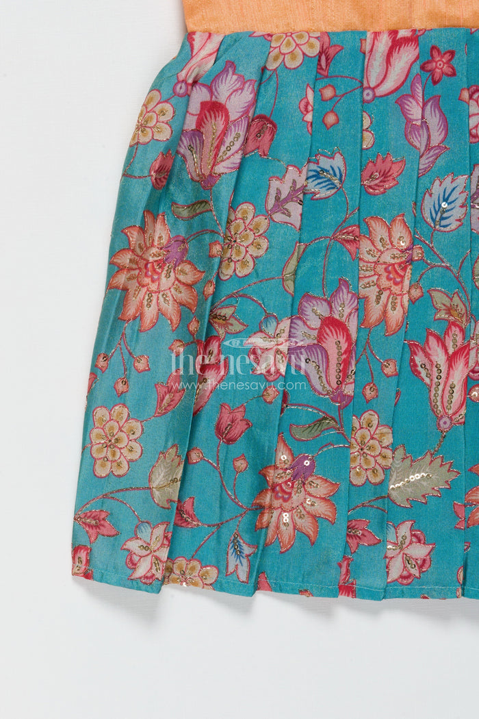 The Nesavu Silk Frock Baby Girl Silk Frock with Floral Banaras Skirt for Ethnic Celebrations Nesavu Nesavu baby girl silk frock with raw silk yoke and Banaras floral skirt – ideal for birthdays and ethnic school events