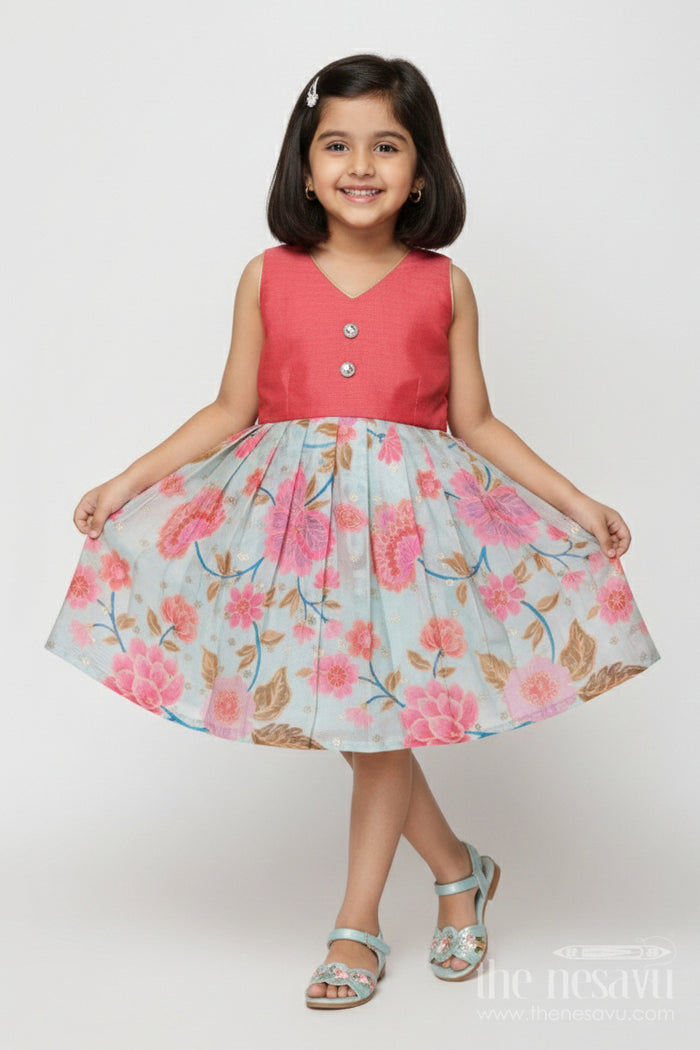 The Nesavu Silk Frock Baby Girl Silk Frock with Floral Digital Print for Birthdays and Casual Celebrations Nesavu 18 (2Y) / Pink SF1104A-18 Nesavu baby girl silk frock with floral digital print in Banaras art silk – ideal for birthday celebrations