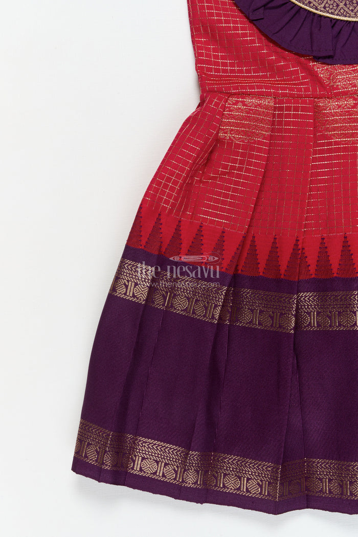 The Nesavu Girls Kanchi Silk Frock Baby Girl Silk Frock with Traditional Zari Detailing and Festive Neckline Nesavu Nesavu traditional silk frock for baby girls with zari checks and frill yoke