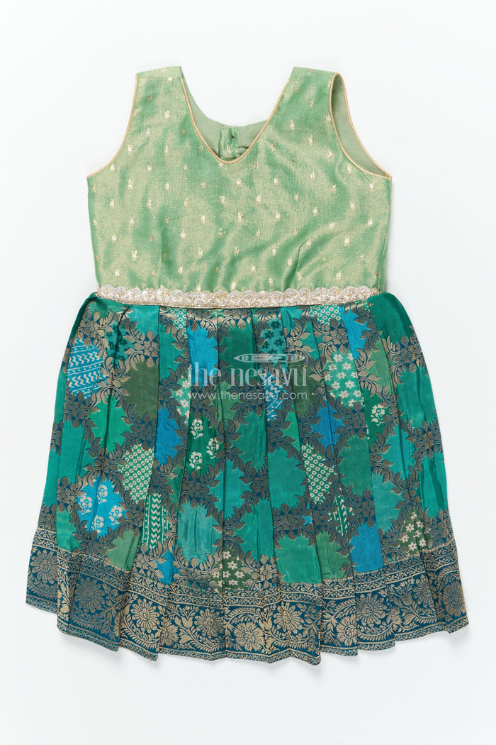 The Nesavu Silk Frock Baby Girl Traditional Silk Frock with Tissue Yoke for Weddings and Festive Portraits Nesavu 20 (3Y) / Green SF1084A-20 Nesavu baby girl semi Banaras silk frock with tissue yoke for traditional weddings and functions