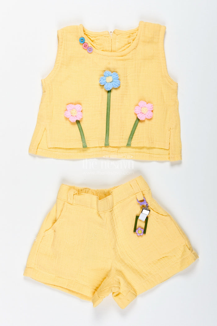 The Nesavu Baby Casual Sets Baby Girl Yellow Muslin Set with Floral Embellishment for Sunny Days Nesavu Nesavu Baby Girl Yellow Muslin Set Floral Embellishment Summer Casual Wear Bracelet