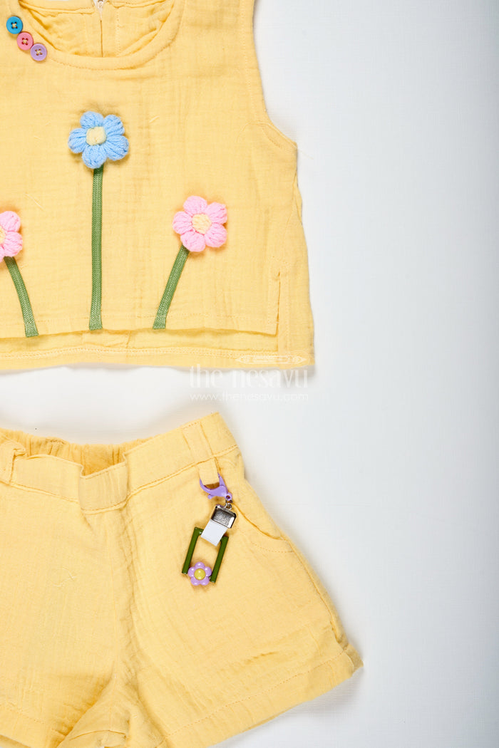 The Nesavu Baby Casual Sets Baby Girl Yellow Muslin Set with Floral Embellishment for Sunny Days Nesavu Nesavu Baby Girl Yellow Muslin Set Floral Embellishment Summer Casual Wear Bracelet