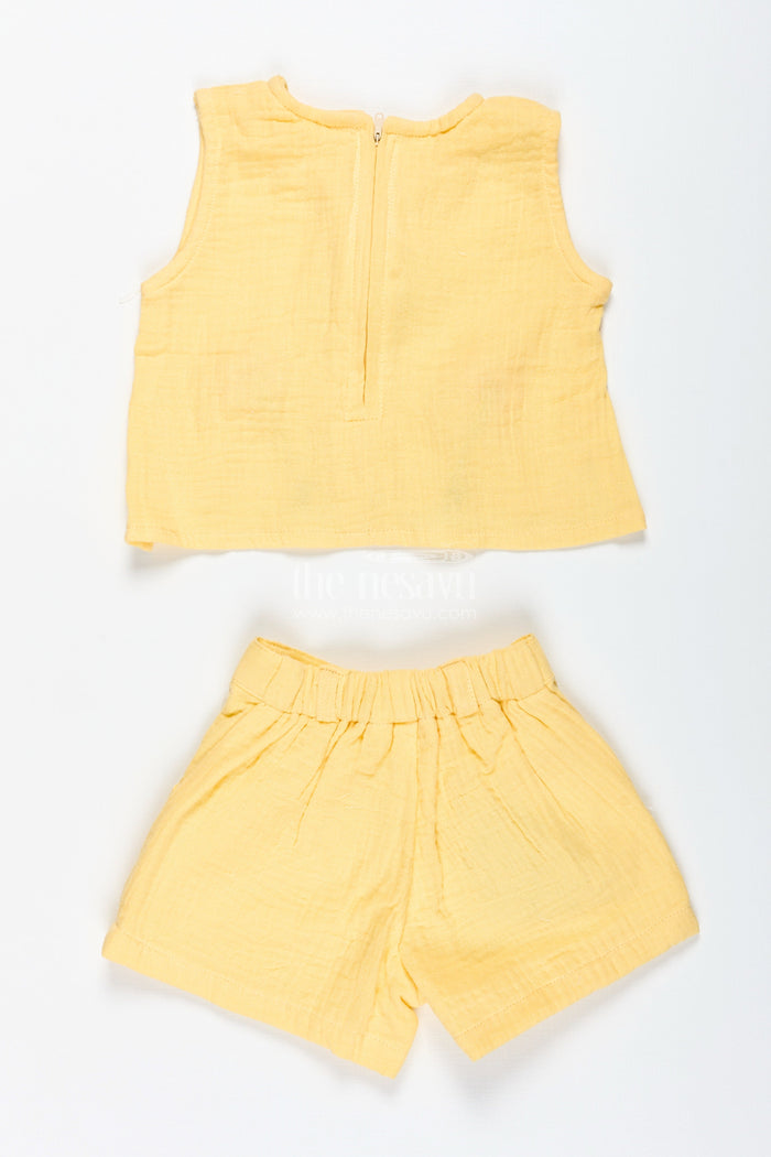 The Nesavu Baby Casual Sets Baby Girl Yellow Muslin Set with Floral Embellishment for Sunny Days Nesavu Nesavu Baby Girl Yellow Muslin Set Floral Embellishment Summer Casual Wear Bracelet
