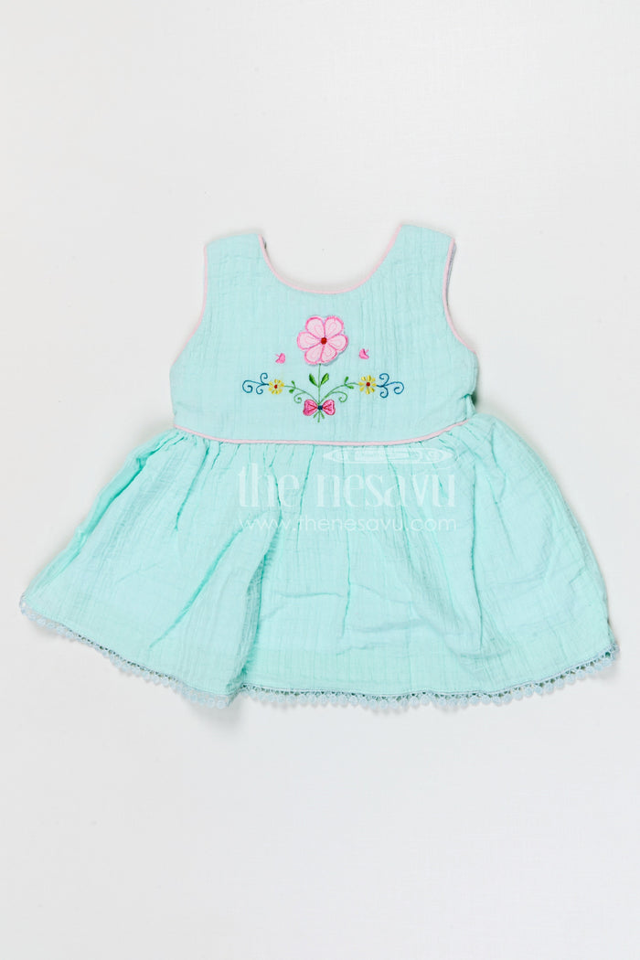 The Nesavu Baby Cotton Frocks Baby Girls Bubble Crepe Embroidered Frock with Floral Detail Nesavu 14 (6M) / Turquoise / Bubble BFJ971B-14 Nesavu baby girls bubble crepe embroidered frock for party and occasion wear