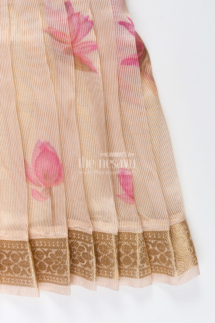 The Nesavu Silk Frock Baby Girl's Silk Frock in Cream Kora Tissue Classic Ethnic Styling Nesavu Baby girl ethnic silk frock kora tissue  cream floral digital print