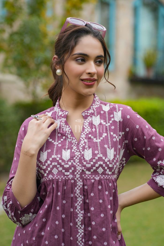 The Nesavu Womens Flared Kurthas Beautiful Dresses for Ladies in Purple Cotton with Front Embroidery and Elegant Flared Fit for Modern Comfort Nesavu Maroon Cotton Flared Beautiful Dresses Ladies White Embroidery Polka Dot Detailing | The Nesavu