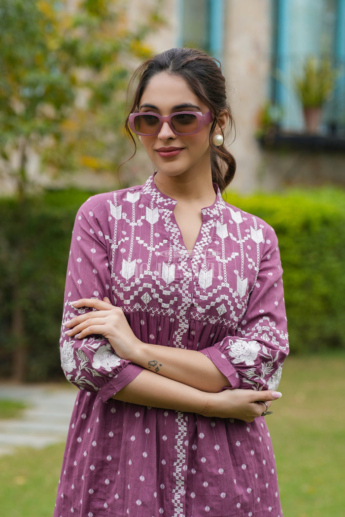 The Nesavu Womens Flared Kurthas Beautiful Dresses for Ladies in Purple Cotton with Front Embroidery and Elegant Flared Fit for Modern Comfort Nesavu Maroon Cotton Flared Beautiful Dresses Ladies White Embroidery Polka Dot Detailing | The Nesavu