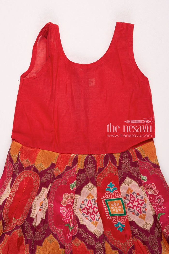 The Nesavu Pattu Pavadai Beige and Orange Designer Printed Silk Pattu Pavadai for Girls Nesavu Beige and Orange Designer Printed Viscose Silk Lehenga Choli with Log Jacket for Girls - Festive & Stylish