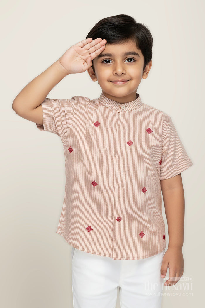 The Nesavu Boys Cotton Shirt Beige Cotton Striped Shirt for Boys with Mandarin Collar Casual Ethnic Wear Nesavu 16 (1Y) / Brown BS308A-16 Nesavu Boys Beige Cotton Shirt Stripes Mandarin Collar Ethnic Casual Wear Kids