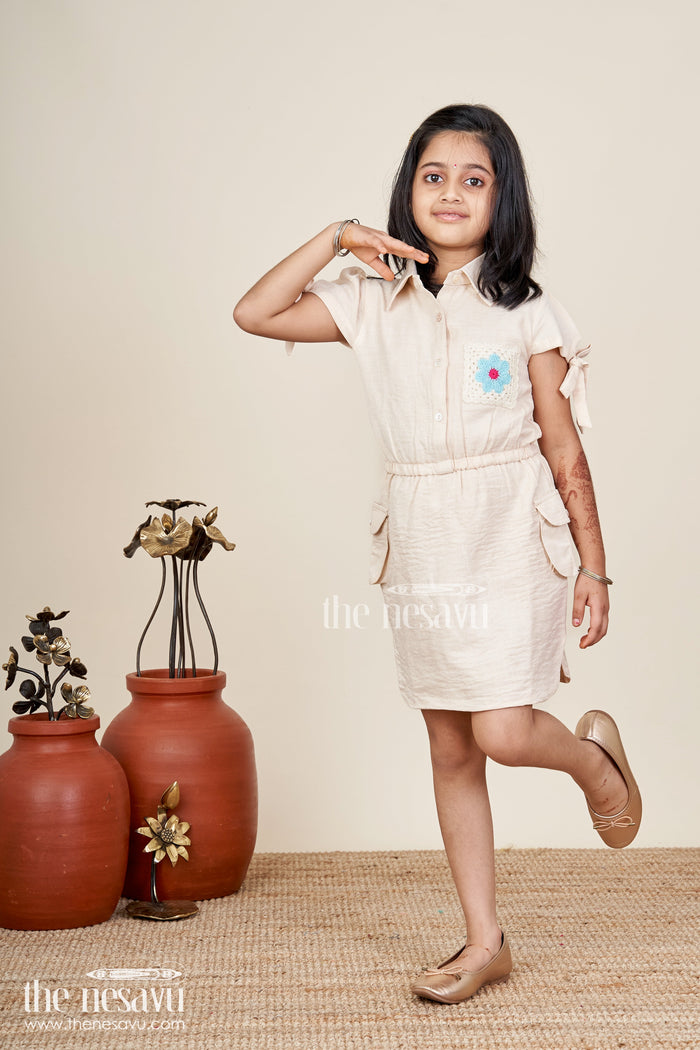The Nesavu Girls Cotton Frock Beige girls cotton frock with collar and crochet flower patch Nesavu 22 (4Y) / Gray GFC1959A-22 Nesavu beige girls cotton frock with collar and hand-crochet flower patch