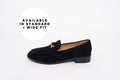 Side profile of the Betsy Loafer in Black Suede. Women's larger size shoes available in sizes 8-12. Standard and wide fit.