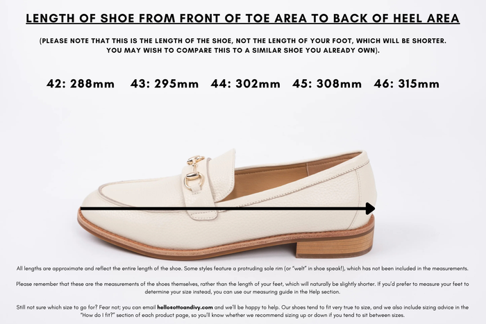 Measurement diagram displaying lengths of womens large size shoes in sizes 42,43,44,45 and 46.