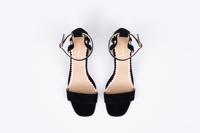 Aerial shot of Bibi in black. A suede strappy heeled sandal available in larger womens European sizes 42-46