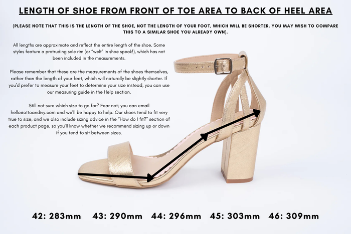 Measurement diagram displaying lengths of womens large size shoes in sizes 42,43,44,45 and 46.