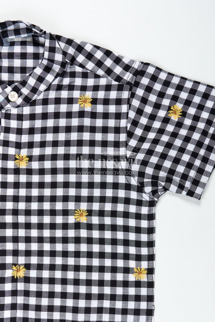 The Nesavu Boys Cotton Shirt Black and White Printed Shirt for Boys in Cotton with Embroidered Yellow Flowers and Gingham Checks Nesavu Nesavu Black White Printed Shirt Boys Cotton Gingham Checks Floral Thread Embroidery