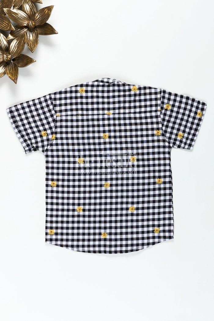 The Nesavu Boys Cotton Shirt Black and White Printed Shirt for Boys in Cotton with Embroidered Yellow Flowers and Gingham Checks Nesavu Nesavu Black White Printed Shirt Boys Cotton Gingham Checks Floral Thread Embroidery