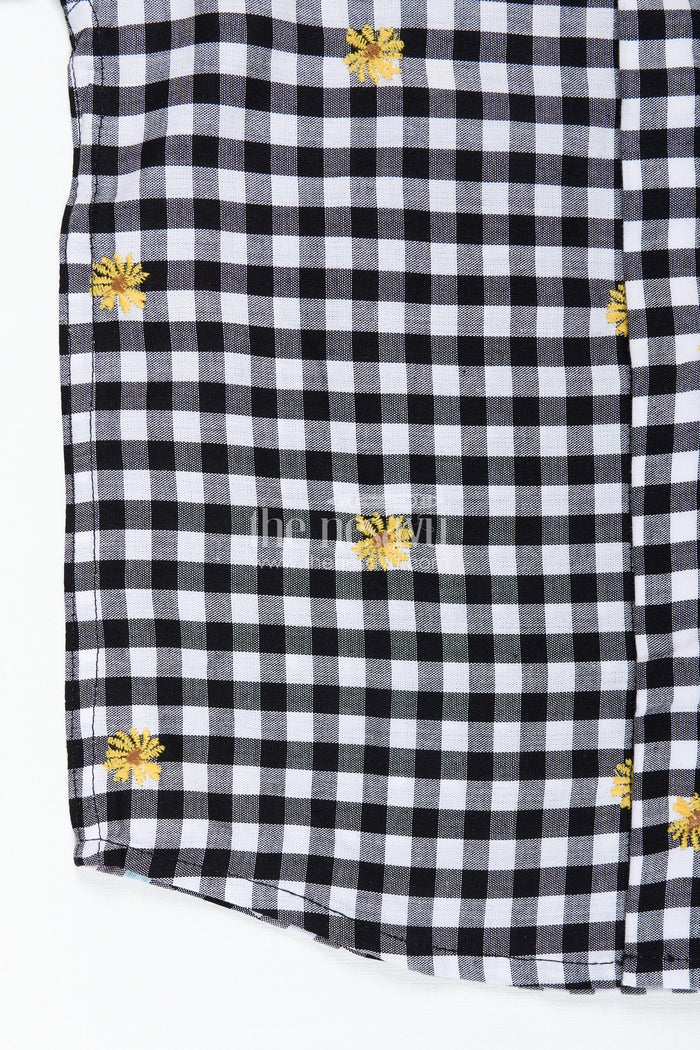 The Nesavu Boys Cotton Shirt Black and White Printed Shirt for Boys in Cotton with Embroidered Yellow Flowers and Gingham Checks Nesavu Nesavu Black White Printed Shirt Boys Cotton Gingham Checks Floral Thread Embroidery
