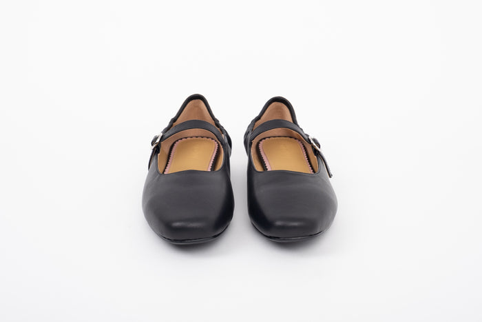Front shot of womens large size black leather flat Mary Jane one strap shoes in sizes 42 -46