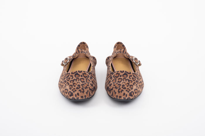 Front shot of women leopard print Mary Jane one strap flat shoe in large sizes 8 9 10 11 12