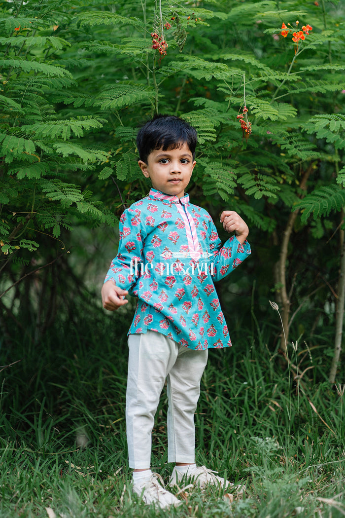 The Nesavu Boys Kurtha Set Designer Neck Floral Printed Blue Cotton Kurta and Pyjama for Little Boys Nesavu Daily Wear Kurta Pyjama For Boys | The Nesavu