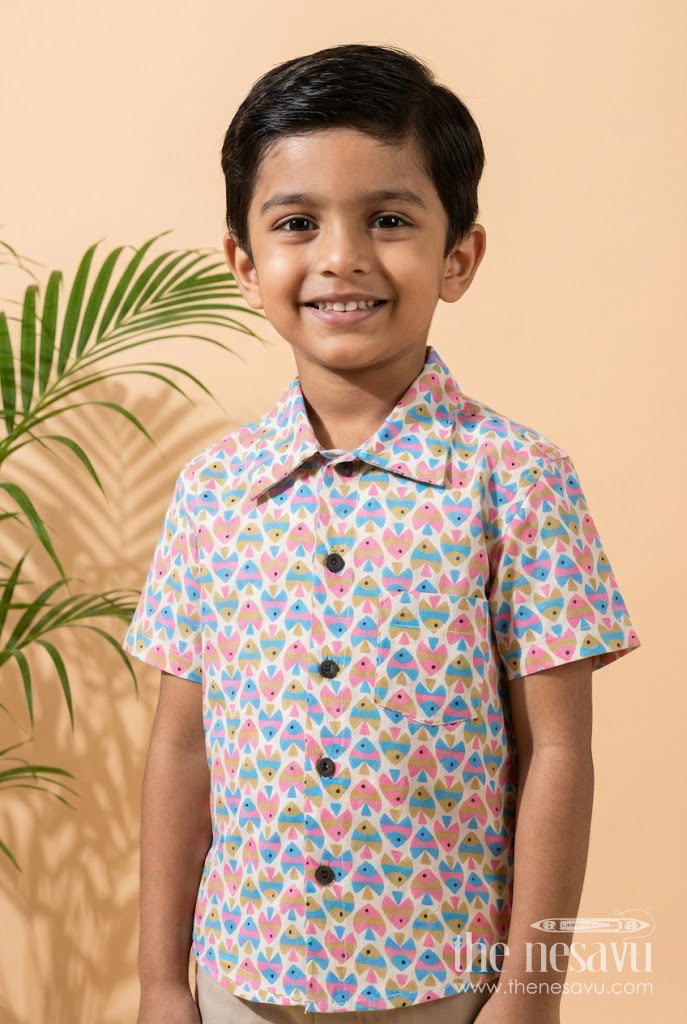 The Nesavu Boys Cotton Shirt Boys Abstract Fish Print Shirt for Beach Days and Fun Dressing Nesavu 20 (3Y) / Multicolor / Cotton BS396A-20 Nesavu boys cotton shirt with abstract fish print for beach trips, holidays and everyday fun