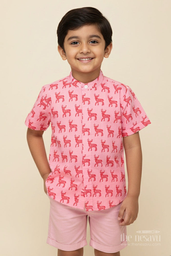 The Nesavu Boys Cotton Shirt Boys Animal Print Cotton Shirt for Everyday Wear and Playful Outings Nesavu 16 (1Y) / Pink BS201B-16 Nesavu boys cotton animal print shirt casual wear summer outings