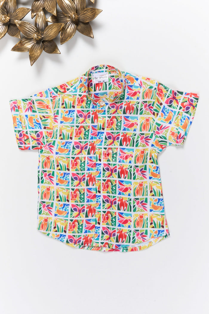The Nesavu Boys Linen Shirt Boys Animal Print Linen Shirt for School Casuals and Fun Outings Nesavu 16 (1Y) / Multicolor BS374A-16 Nesavu boys animal print linen shirt casual wear school days everyday fun