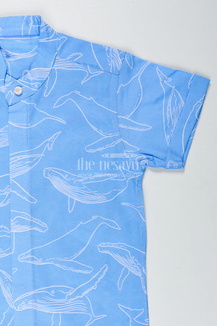 The Nesavu Boys Cotton Shirt Boys Blue Casual Printed Shirt with Whale Motifs in Soft Cotton Digital Print and Relaxed Fit Nesavu Nesavu Boys Blue Casual Printed Shirt Cotton Ocean Whale Digital Print Lightweight Design
