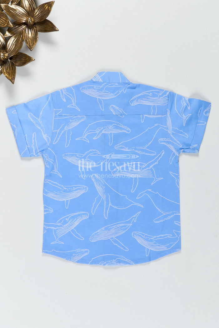The Nesavu Boys Cotton Shirt Boys Blue Casual Printed Shirt with Whale Motifs in Soft Cotton Digital Print and Relaxed Fit Nesavu Nesavu Boys Blue Casual Printed Shirt Cotton Ocean Whale Digital Print Lightweight Design