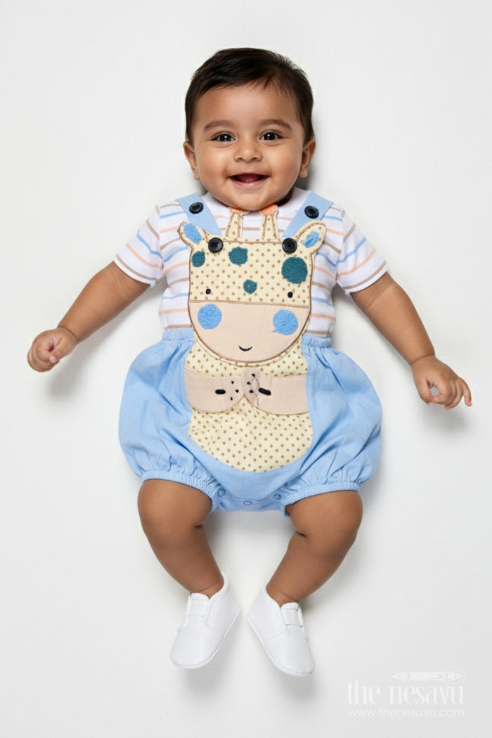 The Nesavu Boys Casual Set Boys Blue Shorts and Shirt Set with Giraffe Embellishment and Striped Tee for Everyday Fun Nesavu 14 (6M) / Blue BCS288A-14 Nesavu Boys Blue Shorts Shirt Set Giraffe Patch Cotton Striped Tee Playtime Comfort