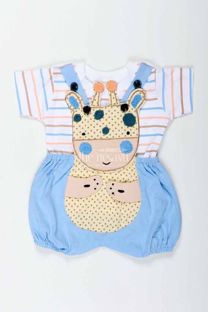 The Nesavu Boys Casual Set Boys Blue Shorts and Shirt Set with Giraffe Embellishment and Striped Tee for Everyday Fun Nesavu 14 (6M) / Blue BCS288A-14 Nesavu Boys Blue Shorts Shirt Set Giraffe Patch Cotton Striped Tee Playtime Comfort