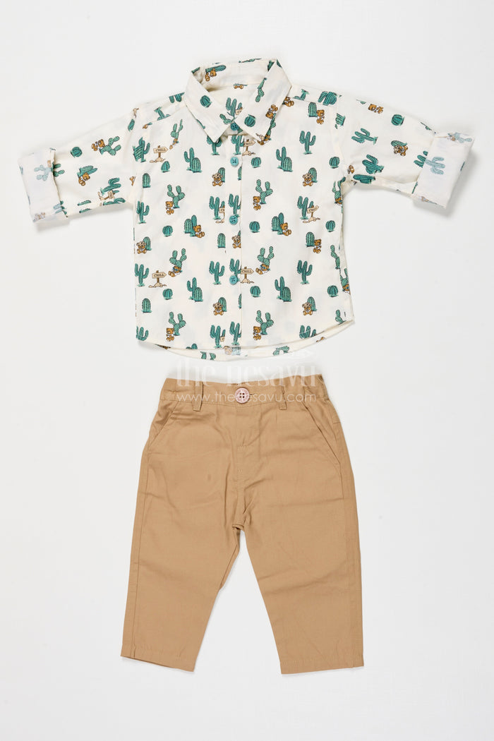 The Nesavu Boys Casual Set Boys Cactus Print Shirt with Beige Pants – Casual Cotton Set Nesavu 12 (3M) / Green BCS543B-12 Nesavu boys cotton casual set with cactus print shirt and beige pants