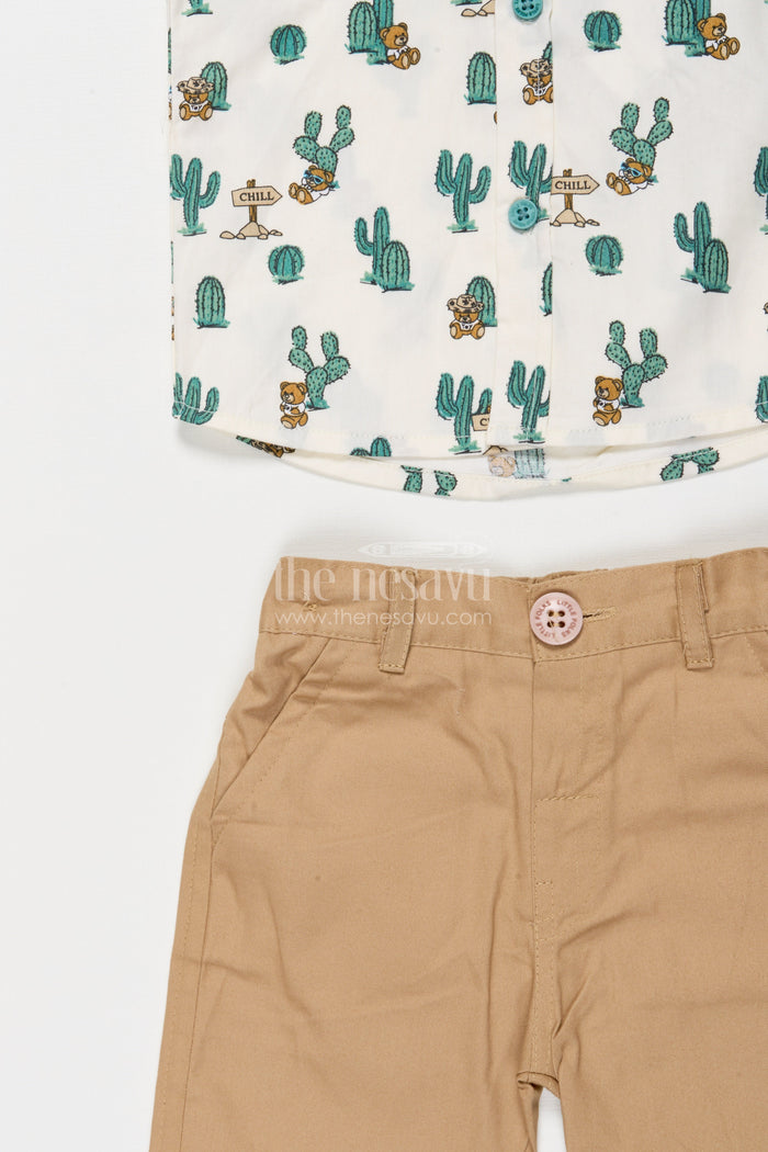 The Nesavu Boys Casual Set Boys Cactus Print Shirt with Beige Pants – Casual Cotton Set Nesavu Nesavu boys cotton casual set with cactus print shirt and beige pants