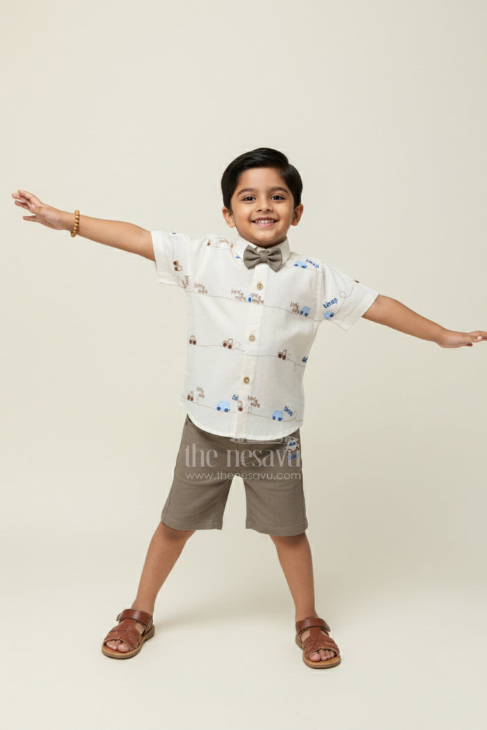 The Nesavu Boys Casual Set Boys Car-Themed Shirt and Shorts Set for Birthdays and Outings Nesavu 14 (6M) / Cream BCS443B-14 Nesavu boys car embroidered shirt shorts set bow tie birthdays family outings