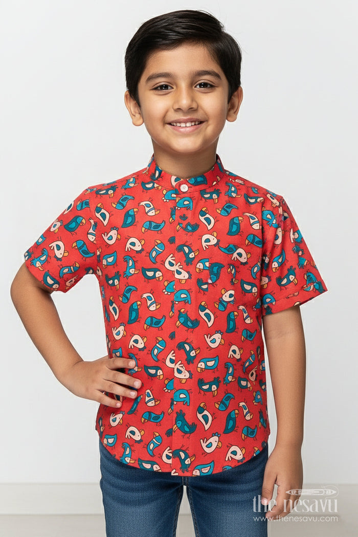 The Nesavu Boys Linen Shirt Boys Cartoon Print Linen Shirt for School Casuals and Weekend Fun Nesavu 16 (1Y) / Red BS364A-16 Nesavu boys cartoon digital print linen shirt school days birthday parties casual play