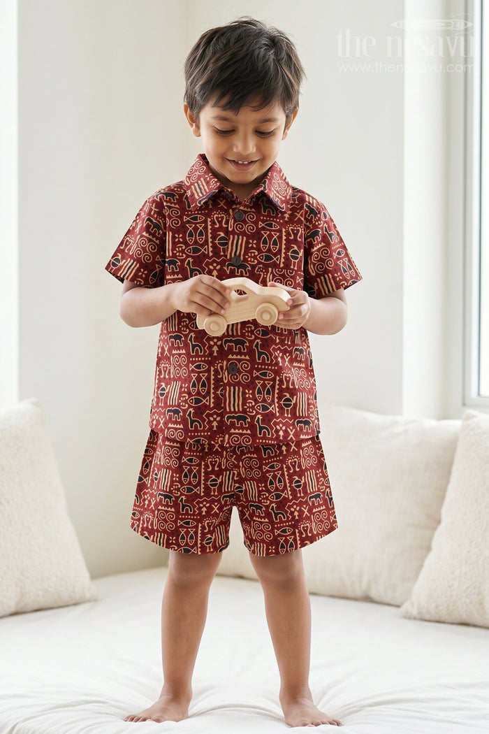 The Nesavu Boys Casual Set Boys Casual Co Ord Set for Playtime and Summer Days Nesavu 16 (1Y) / Maroon / Cotton BCS604C-16 Nesavu Boys Casual Cotton Co Ord Set For Playtime With Digital Print Shirt And Comfortable Shorts