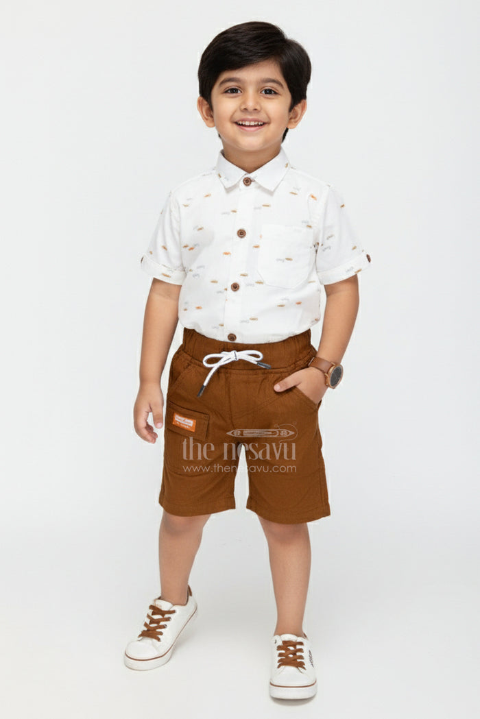 The Nesavu Boys Casual Set Boys Casual Cotton Outfit Set for Outings, School, and Everyday Wear Nesavu 14 (6M) / Half white BCS347A-14 Nesavu boys casual cotton set printed shirt drawstring shorts everyday comfort