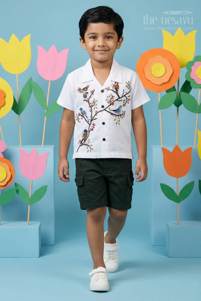 The Nesavu Boys Casual Set Boys Casual Outfit Set for Summer Outings and Everyday Comfort Nesavu 16 (1Y) / White / Cotton BCS580A-16 Nesavu boys cotton casual set with digital print shirt for summer outings and everyday wear