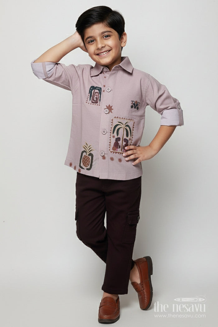 The Nesavu Boys Casual Set Boys Casual Shirt and Pant Set for Everyday Wear and Outings Nesavu 16 (1Y) / Peach BCS495B-16 Nesavu boys casual cotton blend shirt pant set embroidery daily wear outings