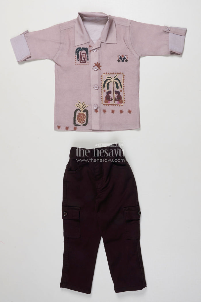 The Nesavu Boys Casual Set Boys Casual Shirt and Pant Set for Everyday Wear and Outings Nesavu 16 (1Y) / Peach BCS495B-16 Nesavu boys casual cotton blend shirt pant set embroidery daily wear outings