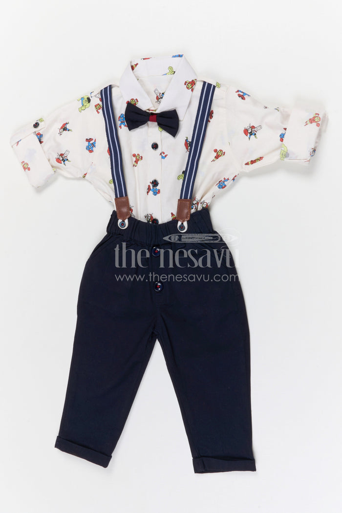 The Nesavu Boys Casual Set Boys Casual Shirt and Pant Set for Outings and Playdates Nesavu 16 (1Y) / White / Cotton BCS564A-16 Nesavu boys cotton cartoon print shirt and pant set for outings playdates and casual everyday wear