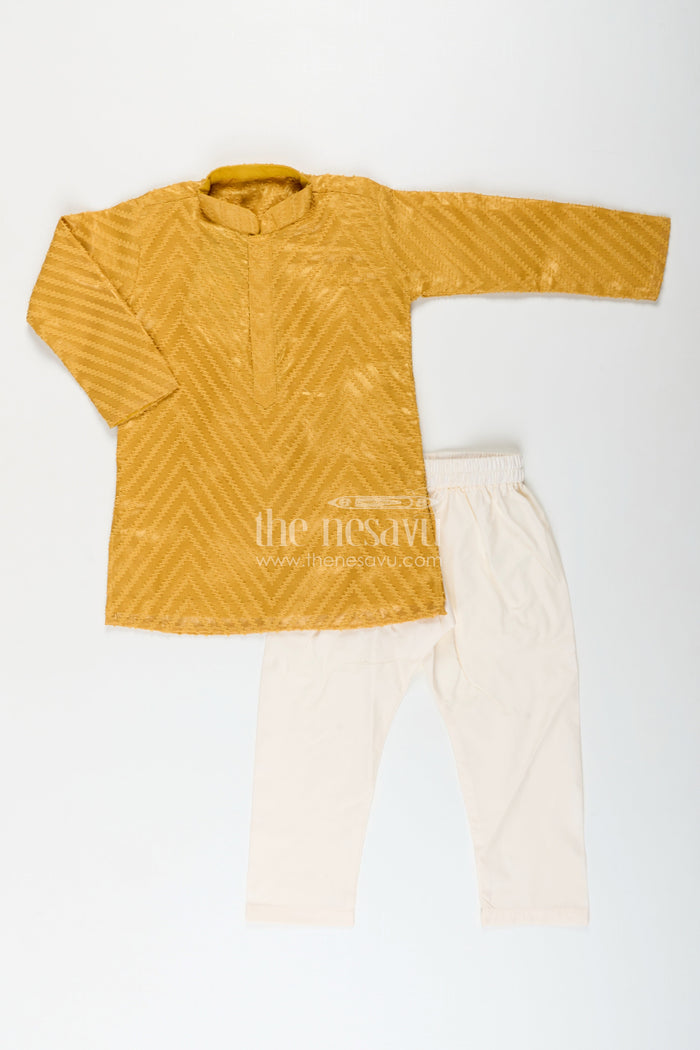 The Nesavu Boys Kurtha Set Boys chevron textured kurta set for wedding functions Nesavu Nesavu boys chevron patterned kurta churidar set silk blend weddings family functions