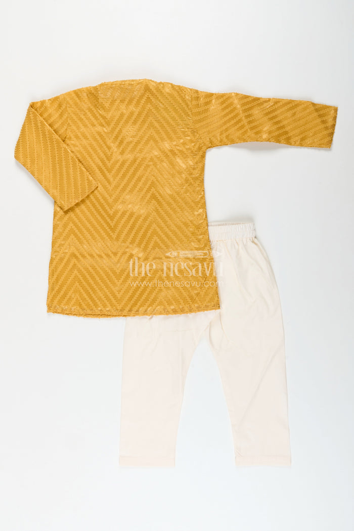 The Nesavu Boys Kurtha Set Boys chevron textured kurta set for wedding functions Nesavu Nesavu boys chevron patterned kurta churidar set silk blend weddings family functions