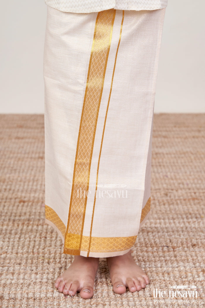 The Nesavu Boys Vesti Boys Classic Vesti for Temple Wear and School Ethnic Day Nesavu 16 (1Y) / Cream D035A-16 Nesavu boys tissue vesti gold border school ethnic wear traditional rituals