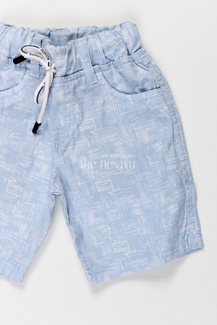 The Nesavu Boys Shorts Boys Cotton Blue Shorts with Digital Print and Adjustable Drawstring for Playful Comfort Nesavu Nesavu Boys Light Blue Cotton Shorts White Digital Print Adjustable Waistband