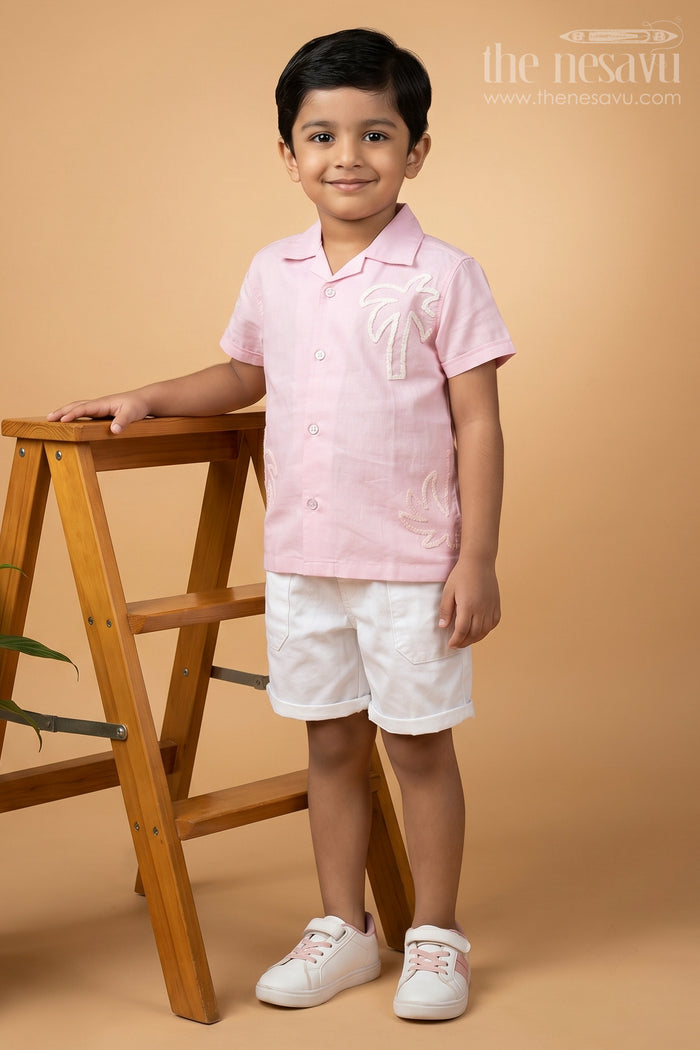 The Nesavu Boys Casual Set Boys Cotton Casual Classic Dresses with Chenille Embroidery Shirt and White Shorts in Soft Pink Nesavu 20 (3Y) / Pink BCS221A-20 Boys Cotton Chenille Embroidered Shirt Shorts Set Pink Casual Classic Summer Outfit | The Nesavu