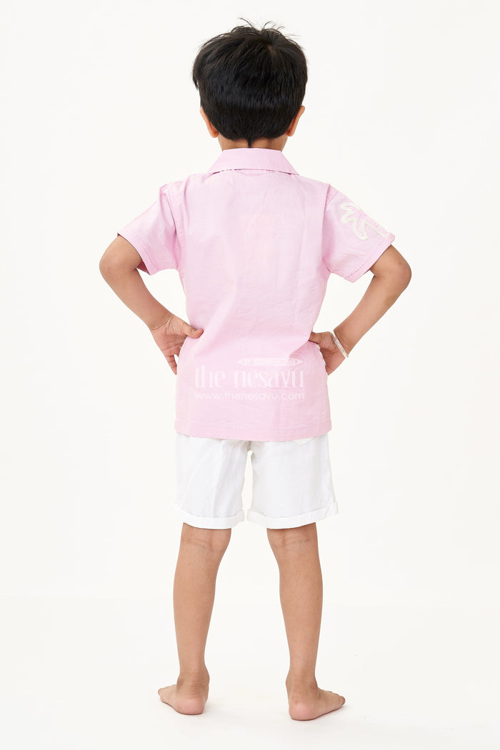 The Nesavu Boys Casual Set Boys Cotton Casual Classic Dresses with Chenille Embroidery Shirt and White Shorts in Soft Pink Nesavu Boys Cotton Chenille Embroidered Shirt Shorts Set Pink Casual Classic Summer Outfit | The Nesavu