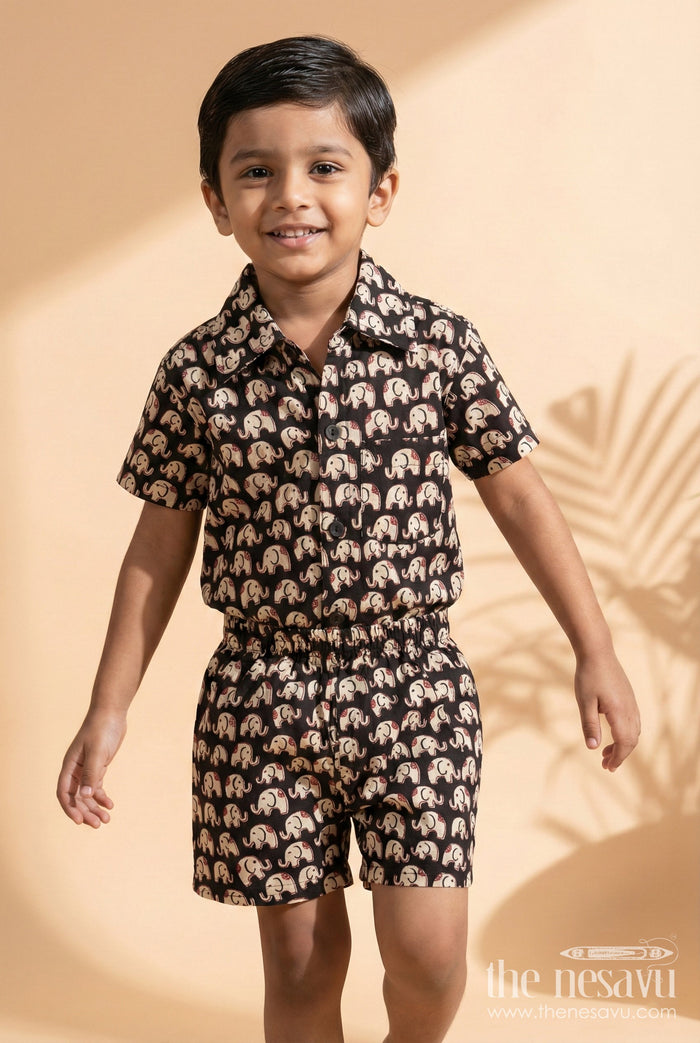 The Nesavu Boys Casual Set Boys Cotton Casual Wear Set with Elephant Pattern for Playful Days Nesavu 16 (1Y) / Black BCS550A-16 Nesavu boys cotton set with elephant digital print – breathable casual outfit for toddlers