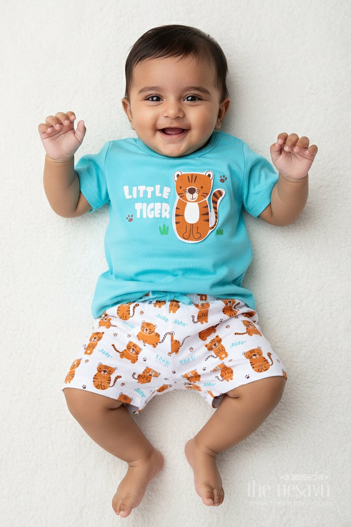 The Nesavu Boys Casual Set Boys Cotton Cat Print T Shirt and Set in Teal Blue with Printed White Shorts for Everyday Summer Style Nesavu 14 (6M) / Blue BCS279B-14 Nesavu Boys Cotton Cat Print T Shirt Shorts Set Cartoon Animal Prints Fun Daily Wear